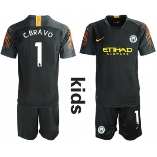 Manchester City #1 C.Bravo Black Goalkeeper Kid Soccer Club Jersey