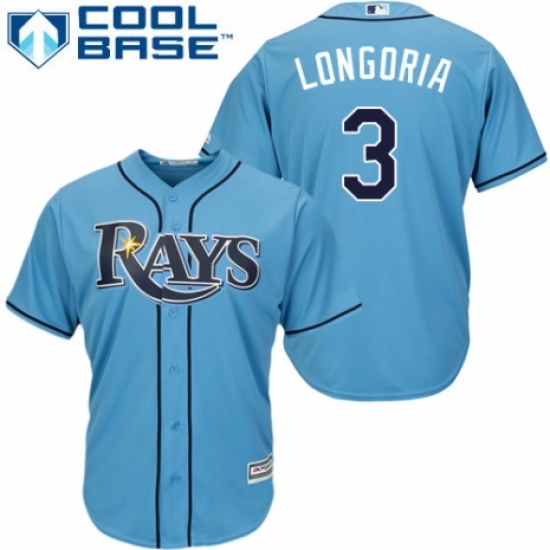 Youth Majestic Tampa Bay Rays #3 Evan Longoria Replica Light Blue Alternate 2 Cool Base MLB Jersey - Ujersey