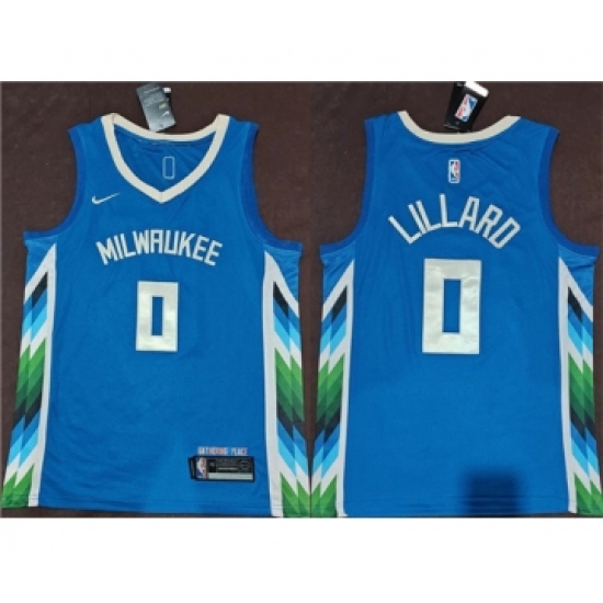 Men's Milwaukee Bucks #0 Damian Lillard Blue 2022-23 City Edition Stitched Basketball Jersey - Ujersey