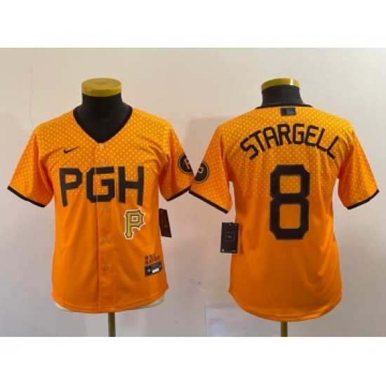 Youth Nike Pittsburgh Pirates #8 Willie Stargell Number Yellow 2023 City Connect Stitched Jersey5 - Ujersey