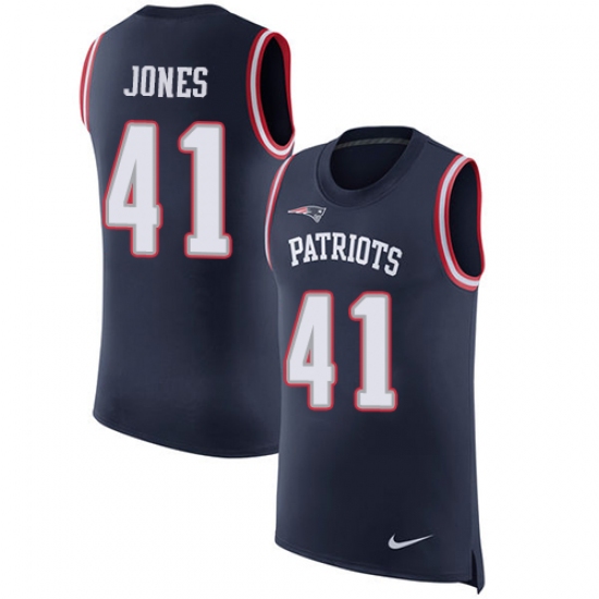 Men's Nike New England Patriots #41 Cyrus Jones Limited Navy Blue Rush Player Name & Number Tank Top NFL Jersey - Ujersey