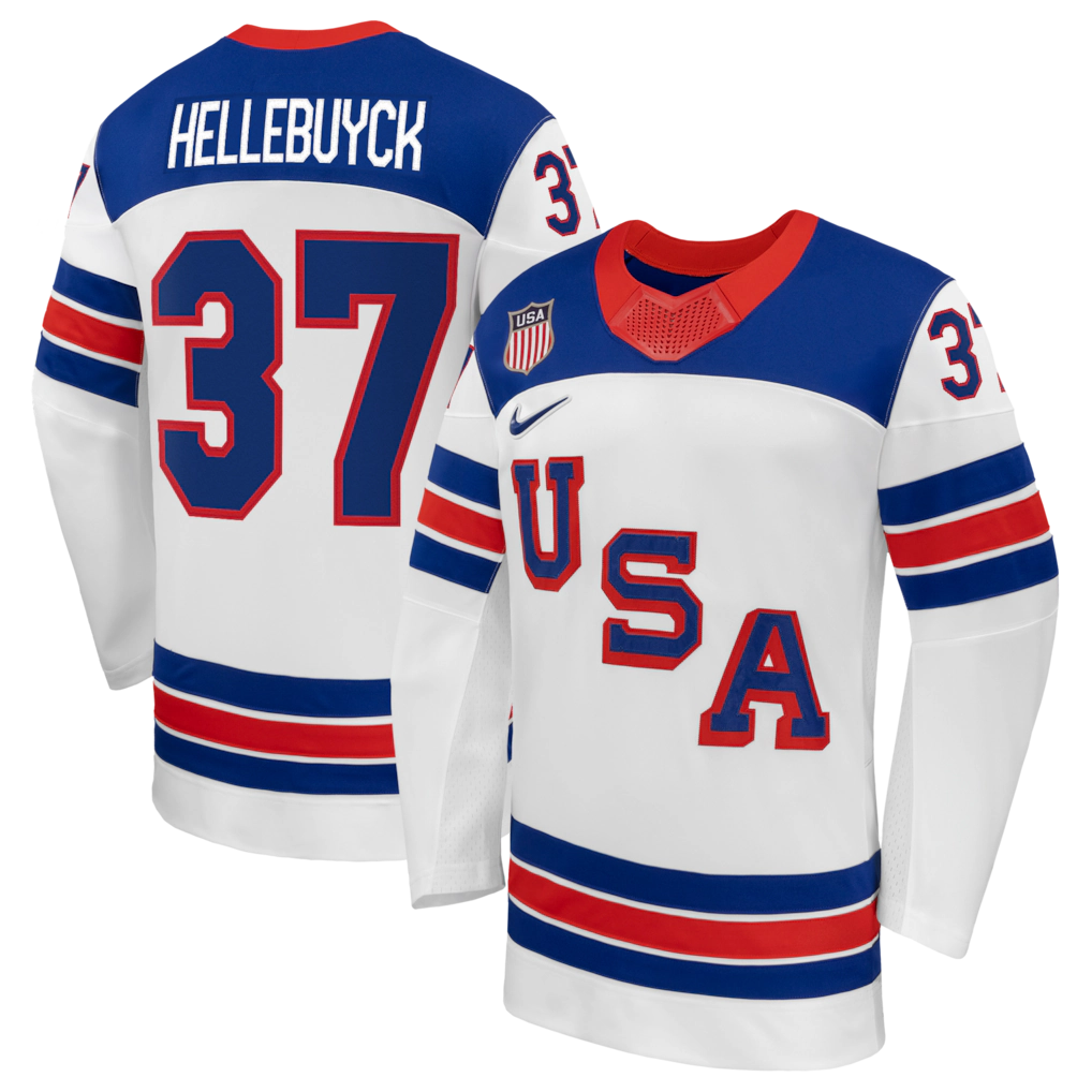 Men's Connor Hellebuyck Nike White US Hockey 2026 Away Replica Jersey
