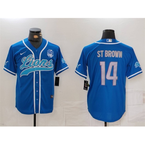 Men's Detroit Lions #14 Amon-Ra St. Brown Blue With 90th Anniversary Cool Base Stitched Baseball Jersey - ujerseystore