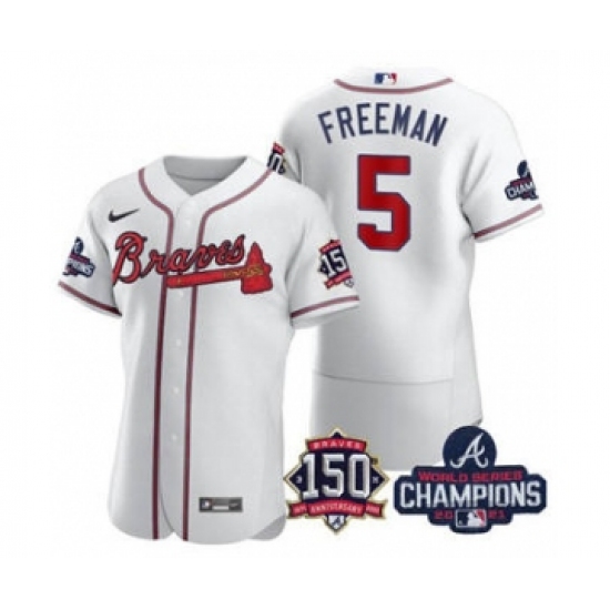 Men's Atlanta Braves #5 Freddie Freeman 2021 White World Series Champions With 150th Anniversary Flex Base Stitched Jersey - Ujersey