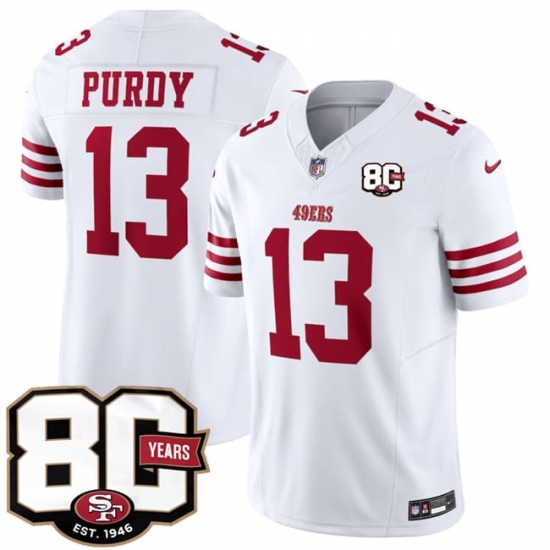 Men's San Francisco 49ers #13 Brock Purdy White 80th Anniversary 2026 F.U.S.E. Vapor Untouchable Limited Football Stitched Jersey - Ujersey