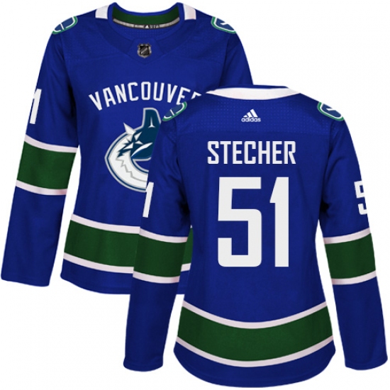 Women's Adidas Vancouver Canucks #51 Troy Stecher Authentic Blue Home NHL Jersey - Ujersey