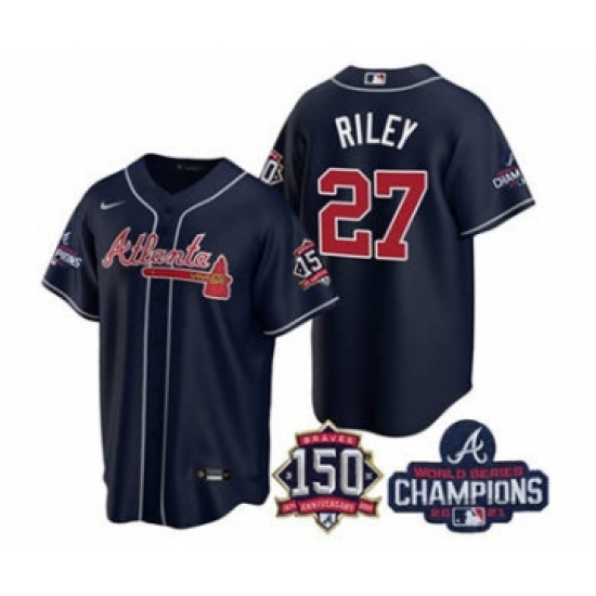 Men's Atlanta Braves #27 Austin Riley 2021 Navy World Series Champions With 150th Anniversary Patch Cool Base Stitched Jersey - Ujersey