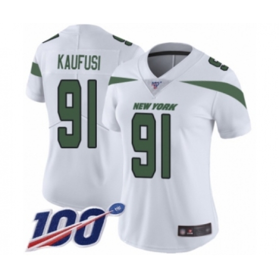 Women's New York Jets #91 Bronson Kaufusi White Vapor Untouchable Limited Player 100th Season Football Jersey - Ujersey