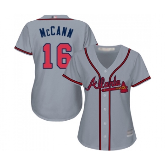Women's Atlanta Braves #16 Brian McCann Replica Grey Road Cool Base Baseball Jersey - Ujersey