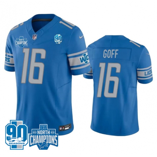 Men's Detroit Lions #16 Jared Goff Blue 2023 90th Anniversary North Division Champions Limited Stitched Jersey - Ujersey