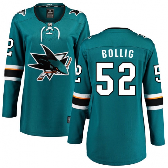 Women's San Jose Sharks #52 Brandon Bollig Fanatics Branded Teal Green Home Breakaway NHL Jersey - Ujersey