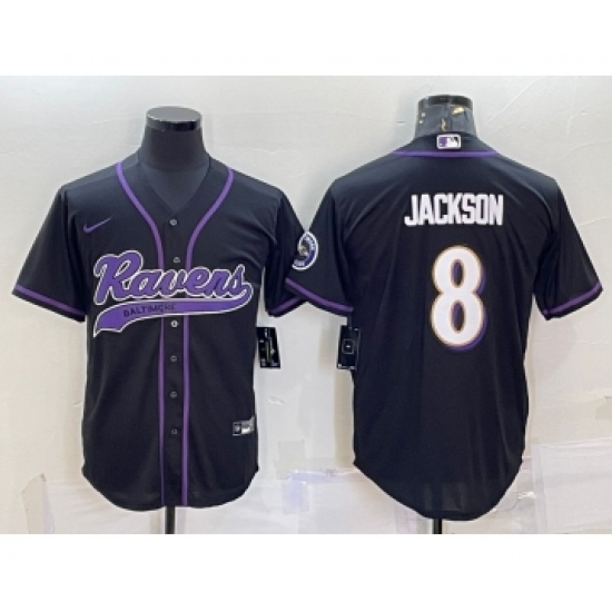 Men's Baltimore Ravens #8 Lamar Jackson Black With Patch Cool Base Stitched Baseball Jersey - Ujersey