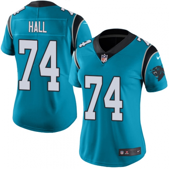 Women's Nike Carolina Panthers #74 Daeshon Hall Limited Blue Rush Vapor Untouchable NFL Jersey - Ujersey