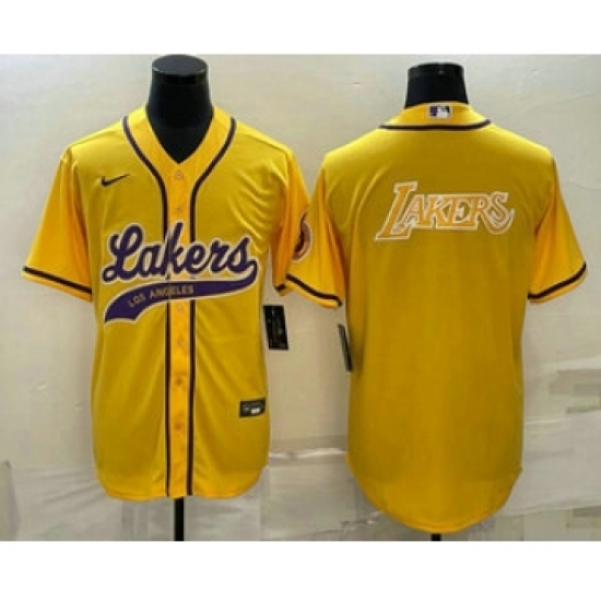 Men's Los Angeles Lakers Yellow Big Logo Cool Base Stitched Baseball Jersey - Ujersey