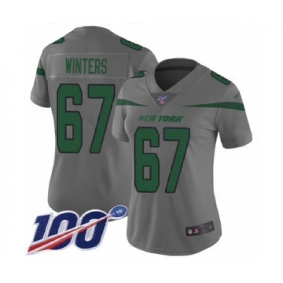 Women's New York Jets #67 Brian Winters Limited Gray Inverted Legend 100th Season Football Jersey - Ujersey