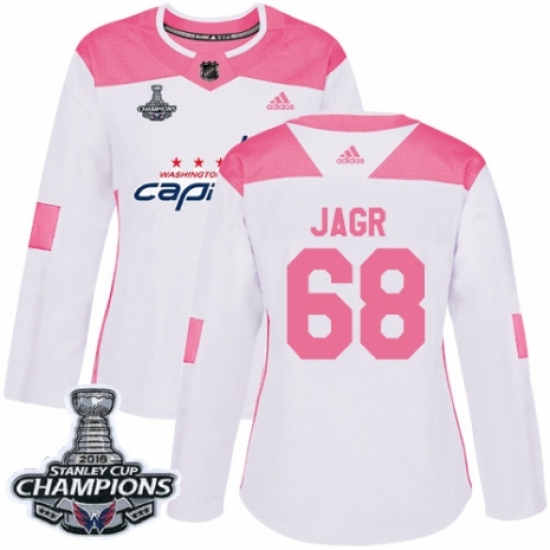 Women's Adidas Washington Capitals #68 Jaromir Jagr Authentic White Pink Fashion 2018 Stanley Cup Final Champions NHL Jersey - Ujersey
