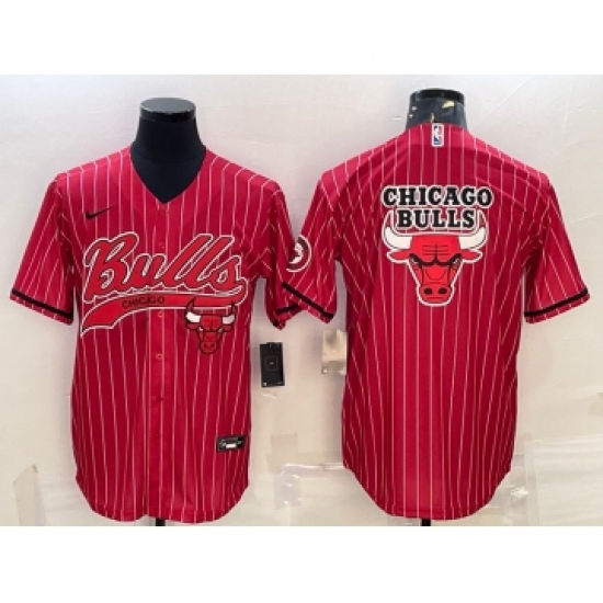 Men's Chicago Bulls Blank Red Pinstripe Team Big Logo With Patch Cool Base Stitched Baseball Jersey - Ujersey