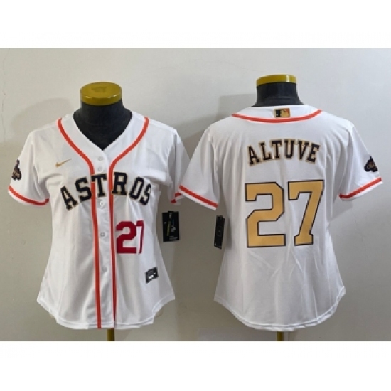 Women's Houston Astros #27 Jose Altuve Number 2023 White Gold World Serise Champions Cool Base Stitched Jersey - Ujersey
