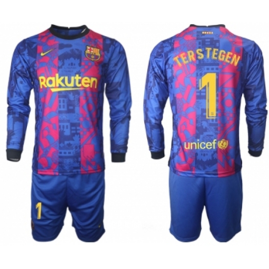 Men 2021-2022 Club Barcelona Second away blue Long Sleeve 1 Soccer Jersey