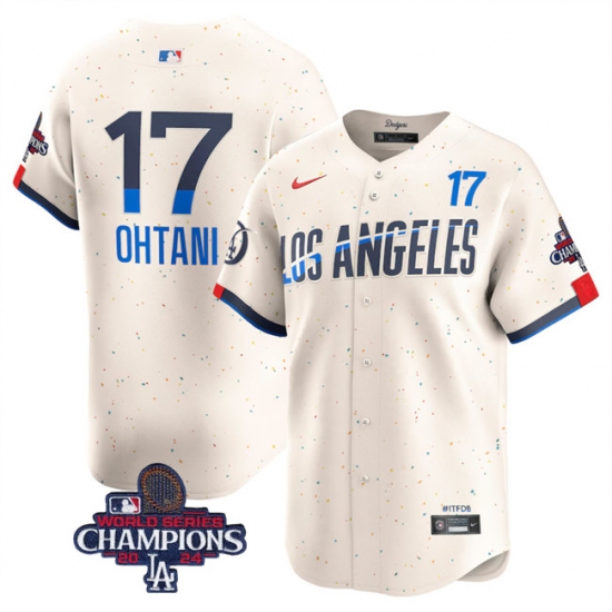 Men's Los Angeles Dodgers #17 Shohei Ohtani Cream 2024 World Series Champions City Connect Limited Stitched Baseball Jersey - Ujersey