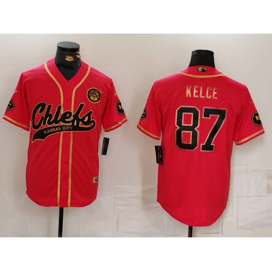 Men's Kansas City Chiefs #87 Travis Kelce Red Gold Cool Base Stitched Baseball Jersey - Ujersey