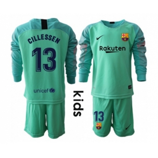 Barcelona #13 Cillessen Green Goalkeeper Long Sleeves Kid Soccer Club Jersey