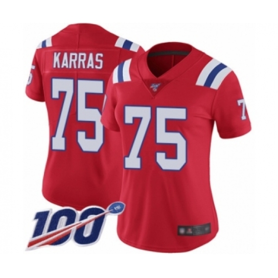 Women's New England Patriots #75 Ted Karras Red Alternate Vapor Untouchable Limited Player 100th Season Football Jersey - Ujersey