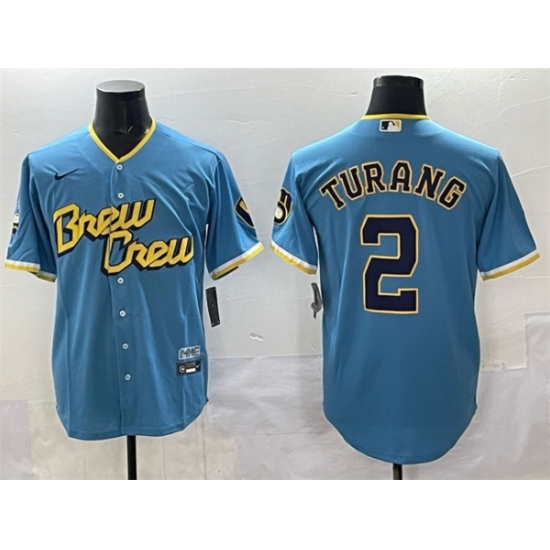 Men's Milwaukee Brewers #2 Brice Turang Powder Blue City Connect Cool Base Stitched Jersey - Ujersey