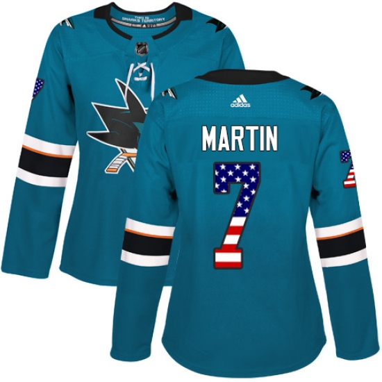 Women's Adidas San Jose Sharks #7 Paul Martin Authentic Teal Green USA Flag Fashion NHL Jersey - Ujersey