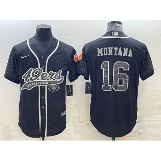 Men's San Francisco 49ers #16 Joe Montana Black Reflective With Patch Cool Base Stitched Baseball Jersey - Ujersey