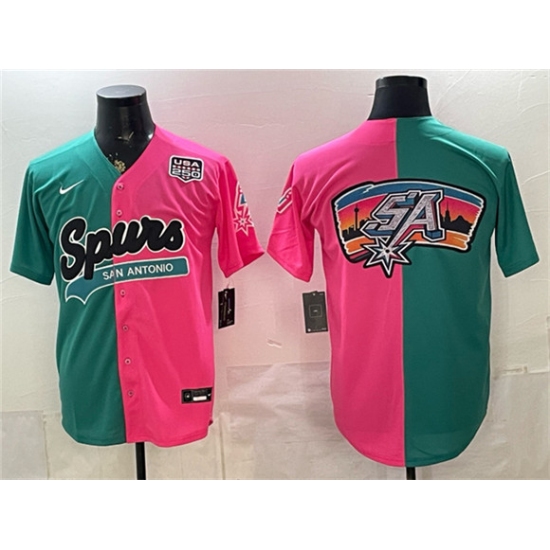 Men's San Antonio Spurs Team Big Logo Teal Pink Split USA 250 Stitched Baseball Jersey - Ujersey