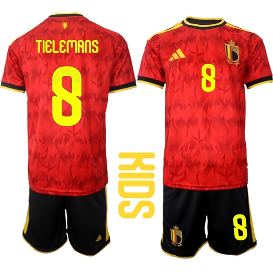 Youth Belgium #8 TIELEMANS National Team FIFA x World Cup 2026 Home Red On Field Kids Jersey