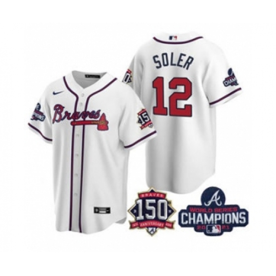 Men's Atlanta Braves #12 Jorge Soler 2021 White World Series Champions With 150th Anniversary Patch Cool Base Stitched Jersey - Ujersey