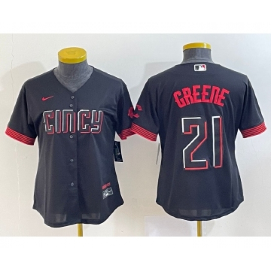 Women's Cincinnati Reds #21 Hunter Greene Black 2023 City Connect Cool Base Stitched Jersey1 - Ujersey