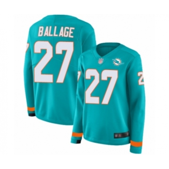 Women's Miami Dolphins #27 Kalen Ballage Limited Aqua Therma Long Sleeve Football Jersey - Ujersey