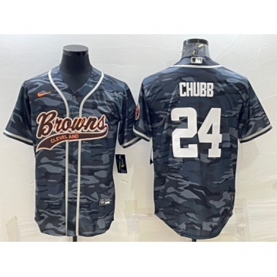 Men's Cleveland Browns #24 Nick Chubb Grey Camo With Patch Cool Base Stitched Baseball Jersey - Ujersey
