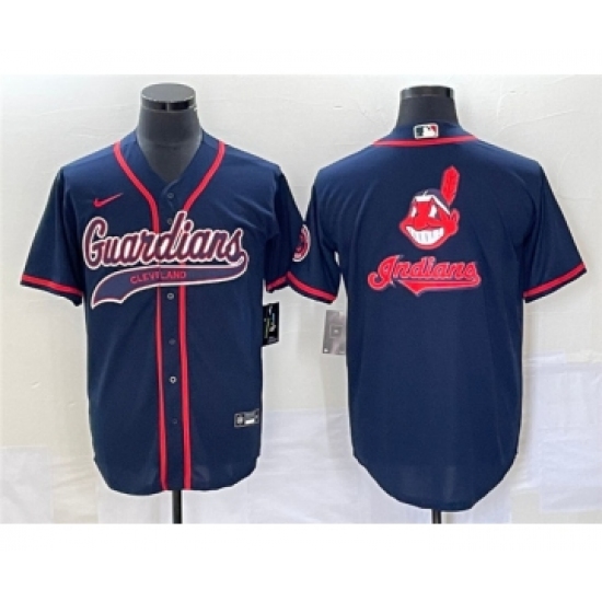 Men's Cleveland Guardians Navy Team Big Logo Cool Base Stitched Jersey - Ujersey