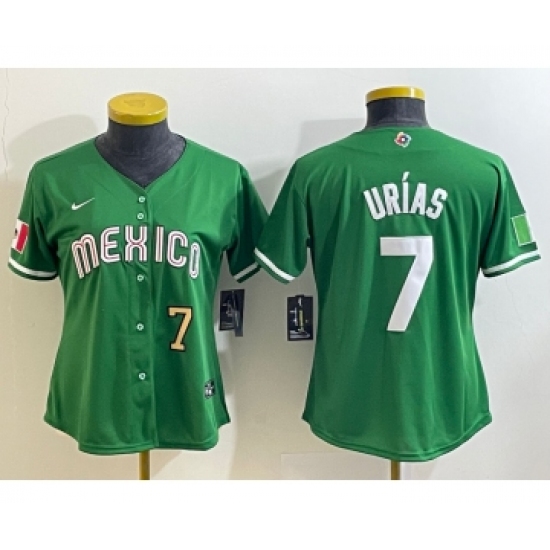 Women's Mexico Baseball #7 Julio Urias Number 2023 Green World Classic Stitched Jersey