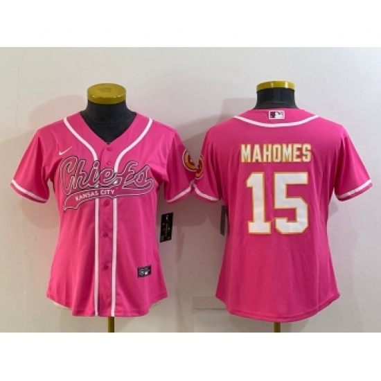 Women's Kansas City Chiefs #15 Patrick Mahomes Pink White With Patch Cool Base Stitched Baseball Jersey - Ujersey