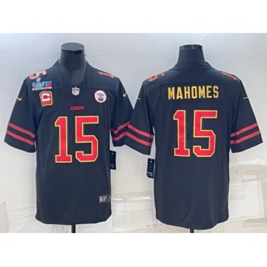 Men’s Kansas City Chiefs #15 Patrick Mahomes Black Red Gold Super Bowl LVII Patch And 4-star C Patch Vapor Untouchable Limited Stitched Jersey - Ujersey