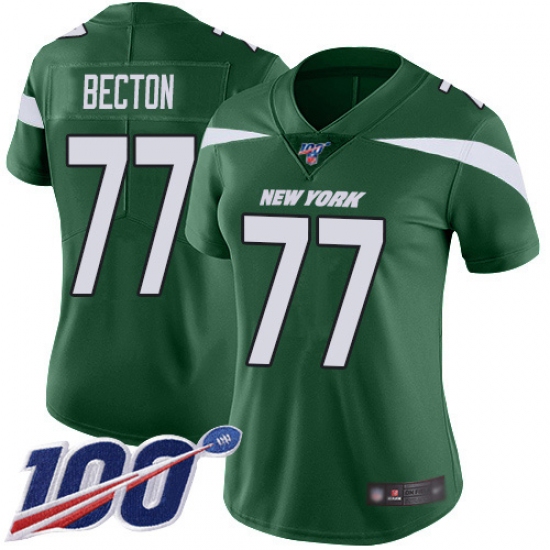 Women's New York Jets #77 Mekhi Becton Green Team Color Stitched 100th Season Vapor Untouchable Limited Jersey - Ujersey