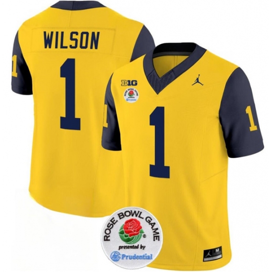 Men's Michigan Wolverines #1 Roman Wilson 2023 F.U.S.E. Yellow Navy Rose Bowl Stitched Jersey - Ujersey