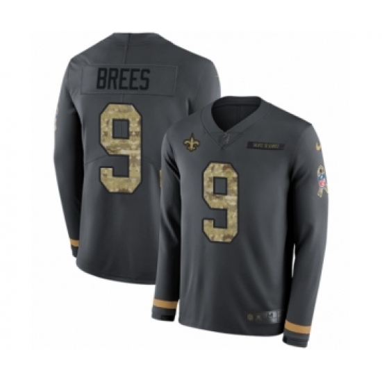 Youth Nike New Orleans Saints #9 Drew Brees Limited Black Salute to Service Therma Long Sleeve NFL Jersey - Ujersey