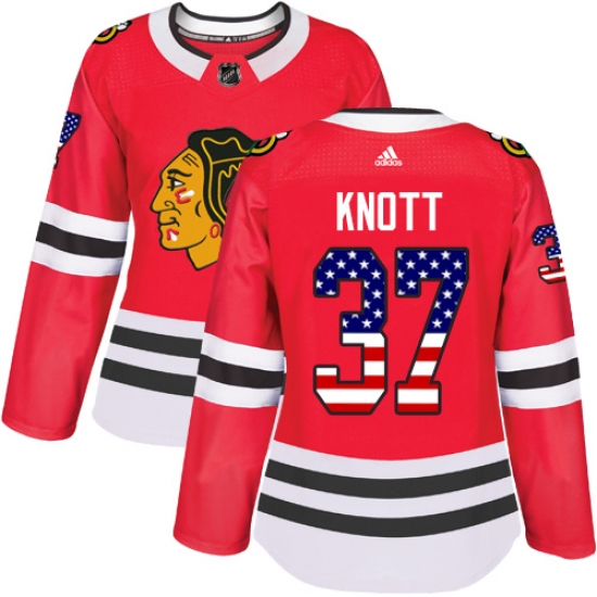 Women's Adidas Chicago Blackhawks #37 Graham Knott Authentic Red USA Flag Fashion NHL Jersey - Ujersey