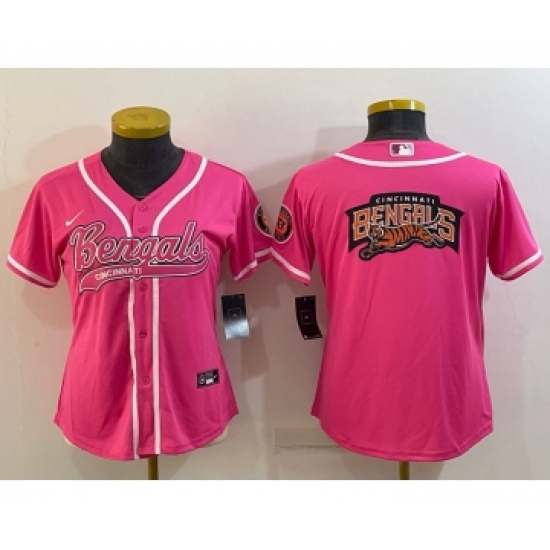 Women's Cincinnati Bengals Pink Team Big Logo With Patch Cool Base Stitched Baseball Jersey - Ujersey