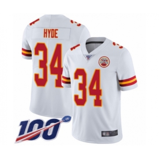 Men's Kansas City Chiefs #34 Carlos Hyde White Vapor Untouchable Limited Player 100th Season Football Jersey - Ujersey