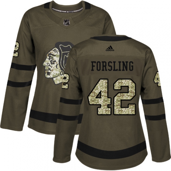 Women's Adidas Chicago Blackhawks #42 Gustav Forsling Authentic Green Salute to Service NHL Jersey - Ujersey
