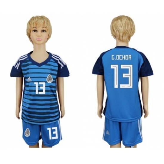Mexico #13 G.Ochoa Blue Goalkeeper Kid Soccer Country Jersey