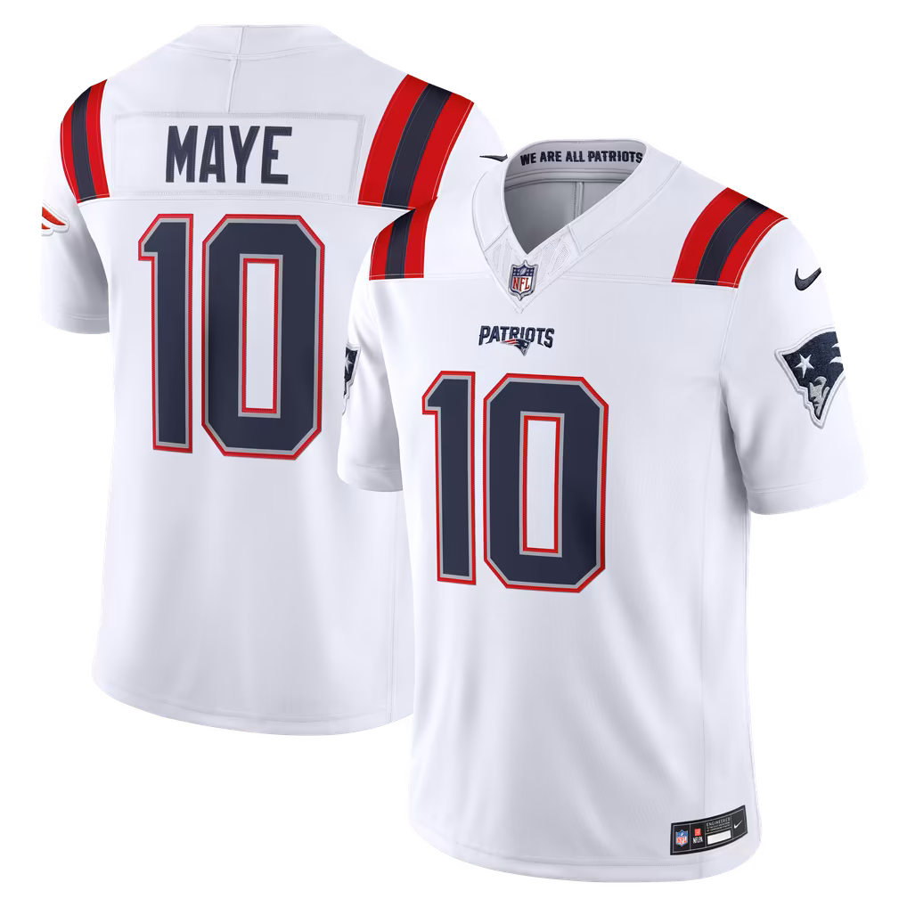 Men's New England Patriots Drake Maye Nike White Vapor F.U.S.E. Stitched Limited Jersey - Ujersey