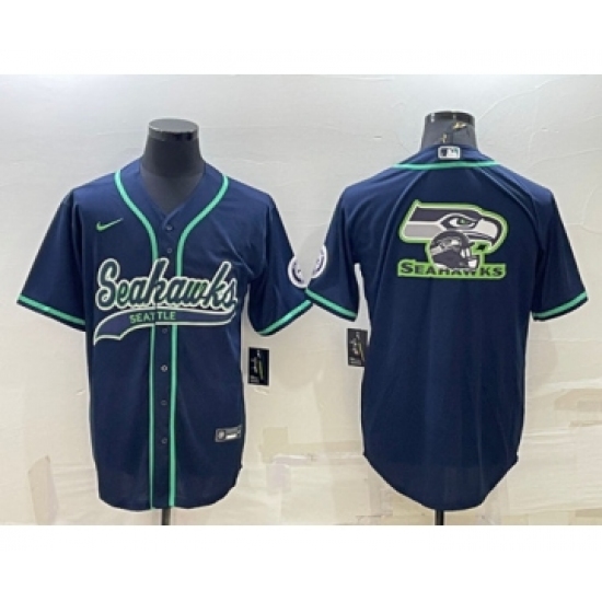 Men's Seattle Seahawks Navy Team Big Logo With Patch Cool Base Stitched Baseball Jersey - Ujersey